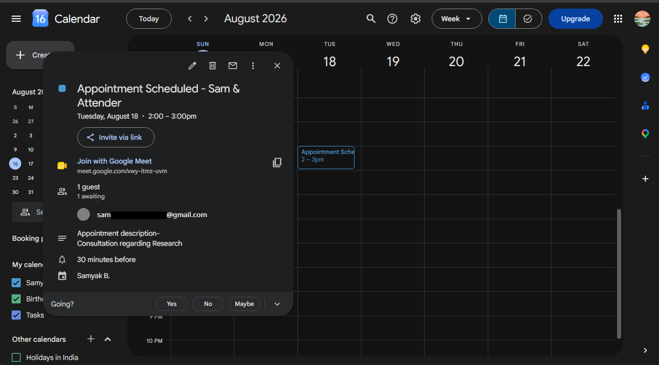 Google Calendar appointment created automatically