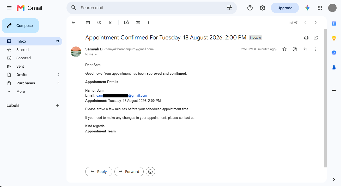 Appointment confirmation email