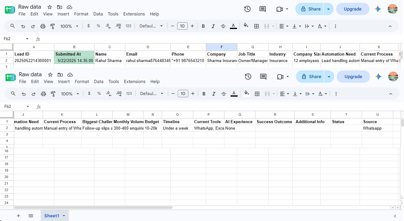 Structured lead record in Google Sheets